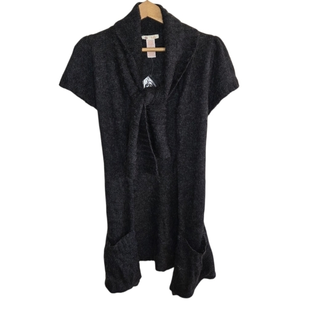 Y2K NWT Tulle Dark Gray Mohair Blend Short Sleeve Attached Scarf Cardigan